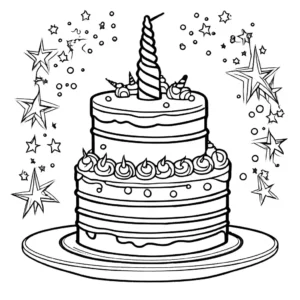 מתאר שחור של עוגת שכבות חד קרן עם נצנצים לחוויית צביעה קסומה.