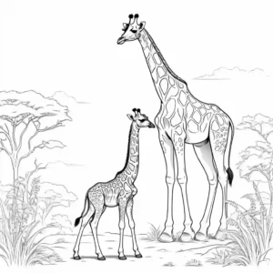 קווי מתאר של ג'ירף תינוק עומד ליד אמו תחת שמש אפריקאית דף צביעה