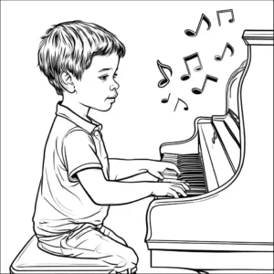 דף צביעה של ילד נלהב מנגן על פסנתר עם תווים מוזיקליים מרחפים