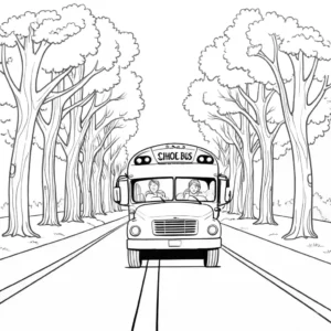 אוטובוס בית ספר נוסע על הכביש עם עצים ברקע, מתאר קל לצביעה.