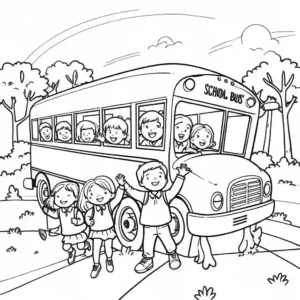 רישום קווי של אוטובוס בית ספר עם ילדים מציצים מהחלונות, נותן תחושה של תנועה, מושלם לצביעה.
