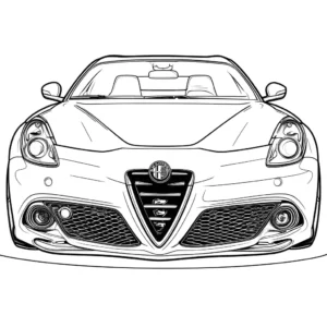 ציור קווי של רכב אלפא רומיאו בפרטים ברורים, עם קווי מתאר ברורים ופרטים מסובכים, מיועד לצביעה.