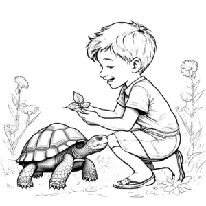 ילד כורע ליד צב ומציע לו עלה עם פרחים מסביב, אומנות קו לצביעה.