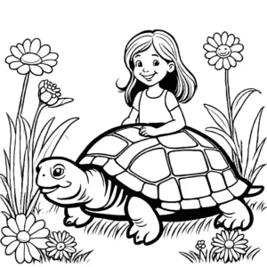 דף צביעה של ילדה שמחה עם צב מחייכים יחד, בגינה עם פרחים מסביב