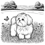 כלב מלטזי שעיר עומד על הדשא עם עמוד צביעה של פרפר