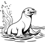 עמוד צביעה של אריה ים משחק ועושה השפרצות במים, כיף לילדים לצבוע