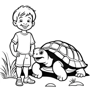 עמוד צביעה של ילד שמח עם צב גדול וידידותי בפארק חיצוני, שניהם מחייכים