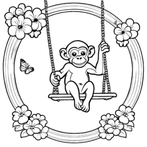 דף צביעה של שימפנזה מתנדנדת בנדנדה עם פרפרים, פרחים, ועננים