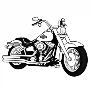 דף צביעה של אופנוע הארלי דוידסון עם רוכב, מעוצב בשחור ומתאים לספרי צביעה לילדים.