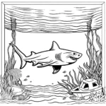 דף צביעה של כריש־נמר בין שרידי ספינה ופלורת ים.