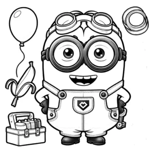 דף צביעה של מיניון עומד עם בננה, ארגז כלים ובלון, מעוצב לצביעה מקוונת.