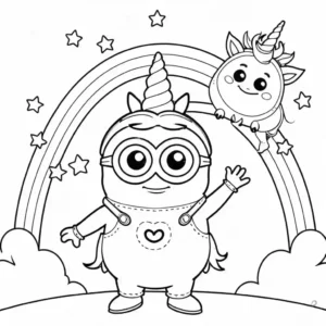 דף צביעה של מיניונים עם חד קרן על קשת בענן