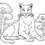 דף צביעה של פומה בשחור-לבן, המציג פומה עומדת במלוא תפארתה בסביבה טבעית עם עצים וסלעים.