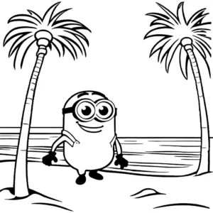 דף צביעה של מיניונים עומד תחת עץ דקל על חוף ים.