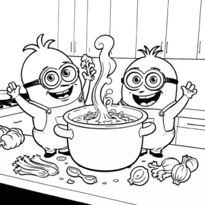 דף צביעה של שני עובדים קטנים מבשלים במטבח.