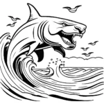 עמוד צביעה המכיל כריש נמר קופץ עם שחפים ברקיע.