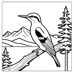 עמוד צביעה: נקר יושב על רקע הרים, עצי אורן ושלג.