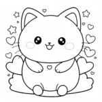 עמוד צביעה המציג חתול Squishmallow מקסים עם קווי מתאר של לבבות וכוכבים לצביעה.