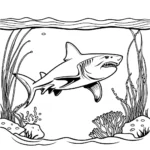 עמוד צביעה של כריש טיגריס שוחה עם שוניות אלמוגים ודגים