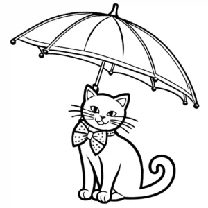 איור צביעה מקסים של מטריה עם חתול וכוכבים.