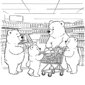 דף צביעה שמציג דובי פרווה עם גורים דמויי דוב בסופרמרקט. אפרוח מתפקד כקופאי בזמן שהדובים עם עגלת קניות מלאה במזון. איור בשחור ולבן לצביעה.