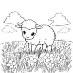 דף צביעה בשחור-לבן של טלה רועה בשדה עם פרחים ועננים