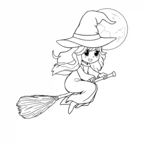 דף צביעה של מכשפה רוכבת על מטאטא עם שני פצצות תלויות ממנו