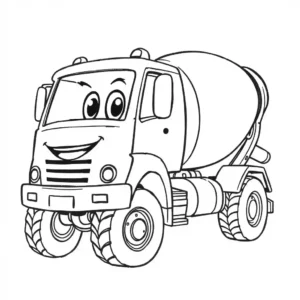 דף צביעה הכולל משאית מערבל בטון מצוירת בסגנון קרטוני עם עיניים, מיועד לילדים לצביעה.