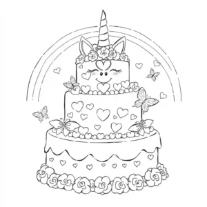 דף צביעה המציג עוגת יום הולדת חד-קרן תלת-שכבתית עם לבבות, פרפרים וקשת בענן.