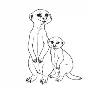 דף צביעה עם תמונה של סוריקטה עומדת עם הגורה שלה, שתיהן מוצגות באמנות קווים שחורה ולכן מתאימות לצביעה, המדגישות אינטראקציה משפחתית.