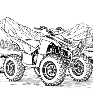 דף צביעה שחור-לבן של טרקטורון בנוף מחוספס.