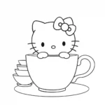 דף צביעה של הלו קיטי נהנית ממסיבת תה בתוך ספל תה ענקי.