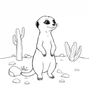 דף צביעה של מרקט עומד במדבר עם קקטוסים ואבנים