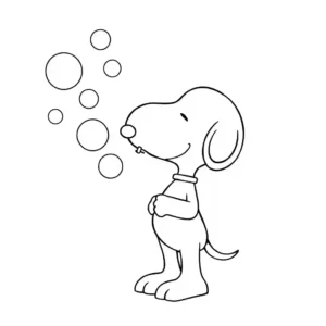 דף צביעה שבו סנופי נושף בועות סבון באמצעות מקל בפיו, ללא רקע.