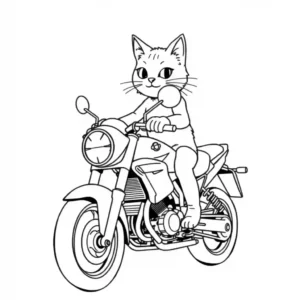 דף צביעה המציג חתול רוכב על אופנוע, מיועד לחובבי צביעה.