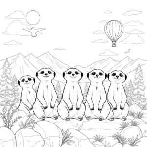 חמישה מרקטים מוקפים בהרים, עצים, סלעים, שמיים עם שמש ועננים, ציפורים וכדור פורח, הכל בעיצוב לצביעה.