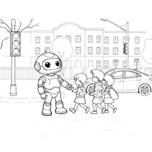 רובוט ידידותי מסייע לשני ילדים במעבר חצייה כאשר רכב עוצר ורמזור להולכי רגל ירוק. ברקע שוטר תנועה ובית ספר, בשחור ולבן לצביעה.