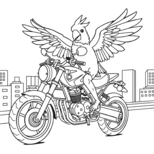 דף צביעה של תוכי רוכב על אופנוע, המיועד לילדים לצביעה, מציג תוכי מאזן על אופנוע מפורט עם נוף עיר פשוט ברקע.