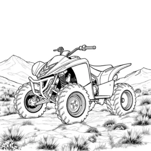 ציור בקווי מתאר של טרקטורון ספורטיבי הנוסע בנוף פראי למטרות צביעה.