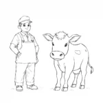 פרה עומדת ליד חלבני, מתוארת בקווי שחור ולבן לספר צביעה.