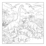 איור קווים נקי בשחור, המיועד לספר צביעה, המציג דינוזאורים שונים, קטנים וגדולים, עם קווי מתאר עבים.