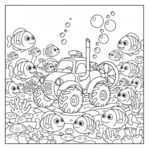 דף צביעה בקווי מתאר פשוטים: טרקטורון שנוסע מתחת למים לצד דגי קריקטורה ענקיים ואלמוגים.
