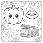 איור קווי בשחור-לבן, שנועד לשמש כדף צביעה, המתאר כבאית וינטג', פלפל פעמון, וזוג שפתיים אקספרסיביות בסגנון קריקטורה.