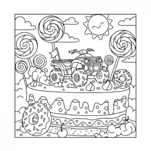 ציור צביעה מטורף של טרקטורון (ATV) המתחרה בנוף עשוי עוגות ענק וממתקים.