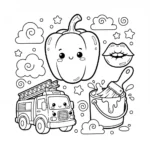 איור קווי בשחור-לבן לספר צביעה, המציג כבאית קלאסית, גמבה מפורטת ושפתיים אנושיות.