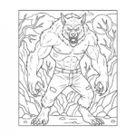 איור קו שחור ועתיר ניגודיות של איש זאב שרירי ואימתני לובש מכנסיים קרועים, מושלם לספר צביעה בז'אנר האימה למבוגרים.