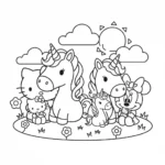 דף צביעה של איור קו שחור המציג את האם הלו קיטי, האם מיני מאוס ואם חד קרן, כשכל אחת מלווה בצאצא שלה.