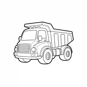 דף צביעה בקווי איור שחורים הכולל משאית עפר בנייה גדולה ומפורטת.