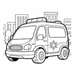 איור קווי שחור-לבן, המיועד לדף צביעה, המציג אמבולנס מודרני ומתוחכם עם סמל מגן דוד גדול. האיור מעוצב בקווי מתאר עבים וללא טקסט.