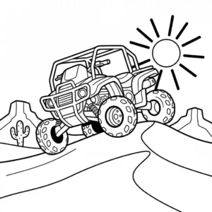 דף צביעה בשחור-לבן בניגודיות גבוהה, המציג טרקטורון שטח (ATV) על דיונת חול מדברית, עם קווי מתאר עבים.